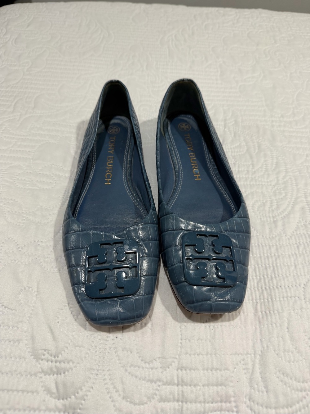 Tory Burch Georgia blue croc/reptile-embossed leather ballet flats square toe
